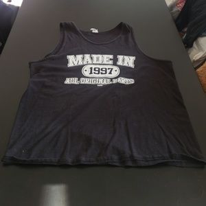 Black tank top with white lettering